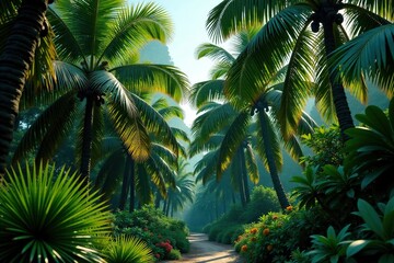Fototapeta premium Dense foliage of palm trees and tropical plants, botanical, palm tree, nature