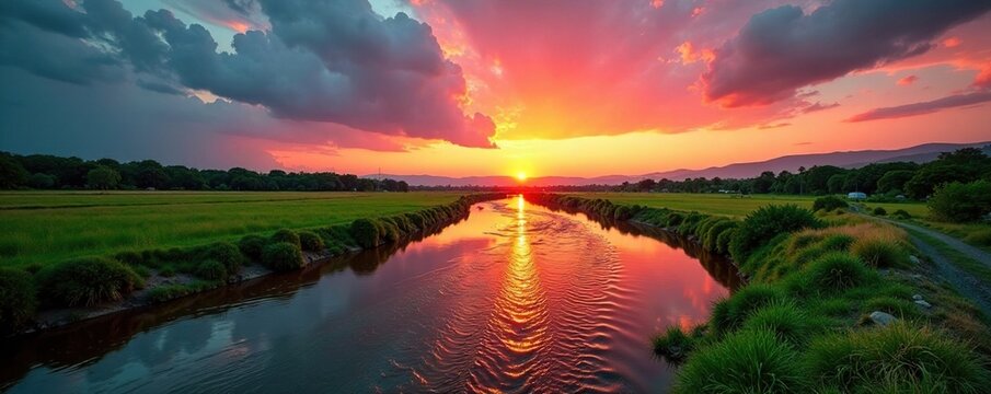 Atardecer sobre el r?o Arauca en los llanos orientales, Colombian landscape, valley