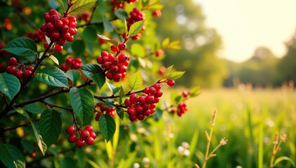 Fototapeta premium Burning bush with bright red berries and green foliage in a sunny meadow, field, meadow,