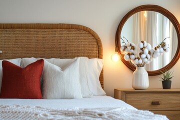 boho chic interior round mirror reflection rattan headboard