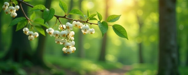 Clusters of small white dogwood flowers dangle from thin branches in the woods, sunlit, woodland