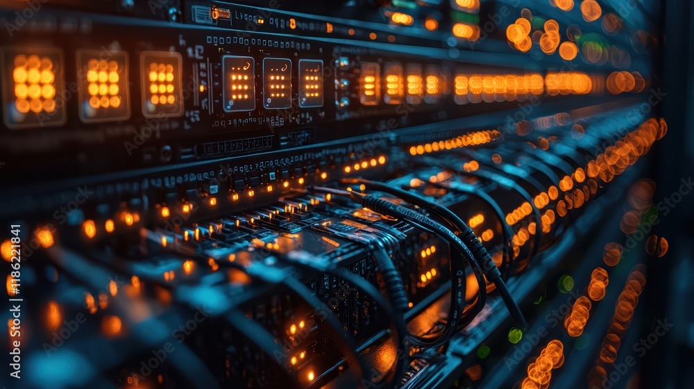 Poster data center close-up of illuminated server racks with network cables
