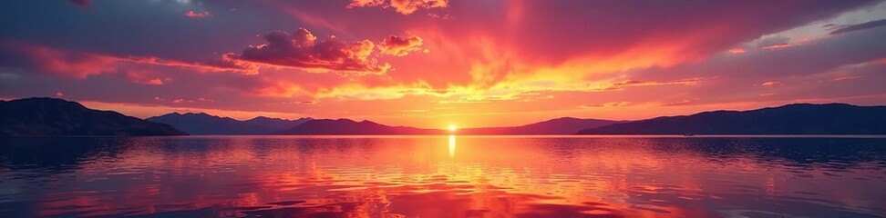 Obraz premium Warm oranges and pinks dance across the sky as sunset falls on Salt Lake's calm surface, americanwest, sunset, water
