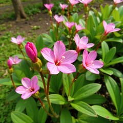 Fototapeta premium Delicate pink flowers blooming in a garden amidst green foliage and stems, pink flowers, blossom