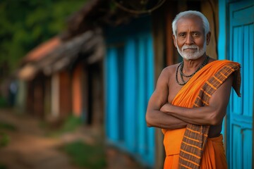 Proud Indian man in white traditional attire posing near a rural vibrant home