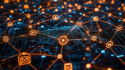 Obraz premium Futuristic digital network with glowing orange icons connected by lines, symbolizing global communication, data sharing, cloud technology, and interconnected online systems.