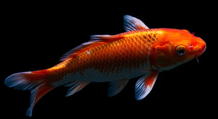 A detailed view of a fish set against a dark backdrop.