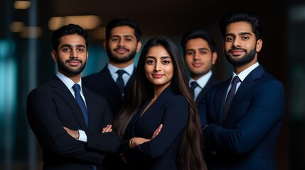 Confident Indian business team in formal attire showcasing leadership and teamwork
