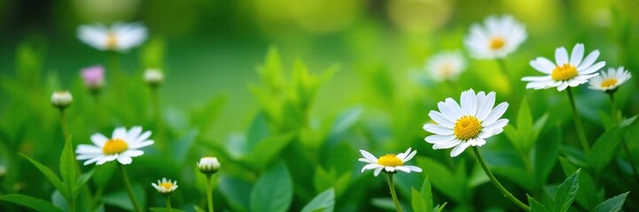Delicate white daisy blooms among lush green foliage, botanical, daisy