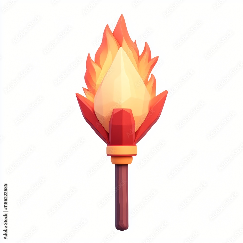 Poster low poly 3d render of a burning torch fiery flame game asset fantasy design element