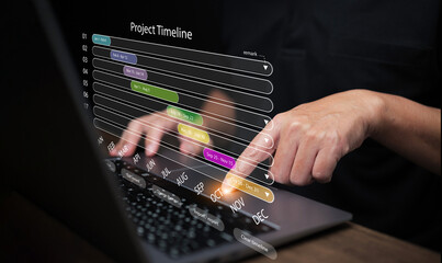 Project manager planning and schedule:. A man, with his laptop computer, using a project timeline to ensure timely completion. Project management concept