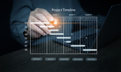 Project manager planning and schedule:. A man using a project timeline to ensure timely completion....