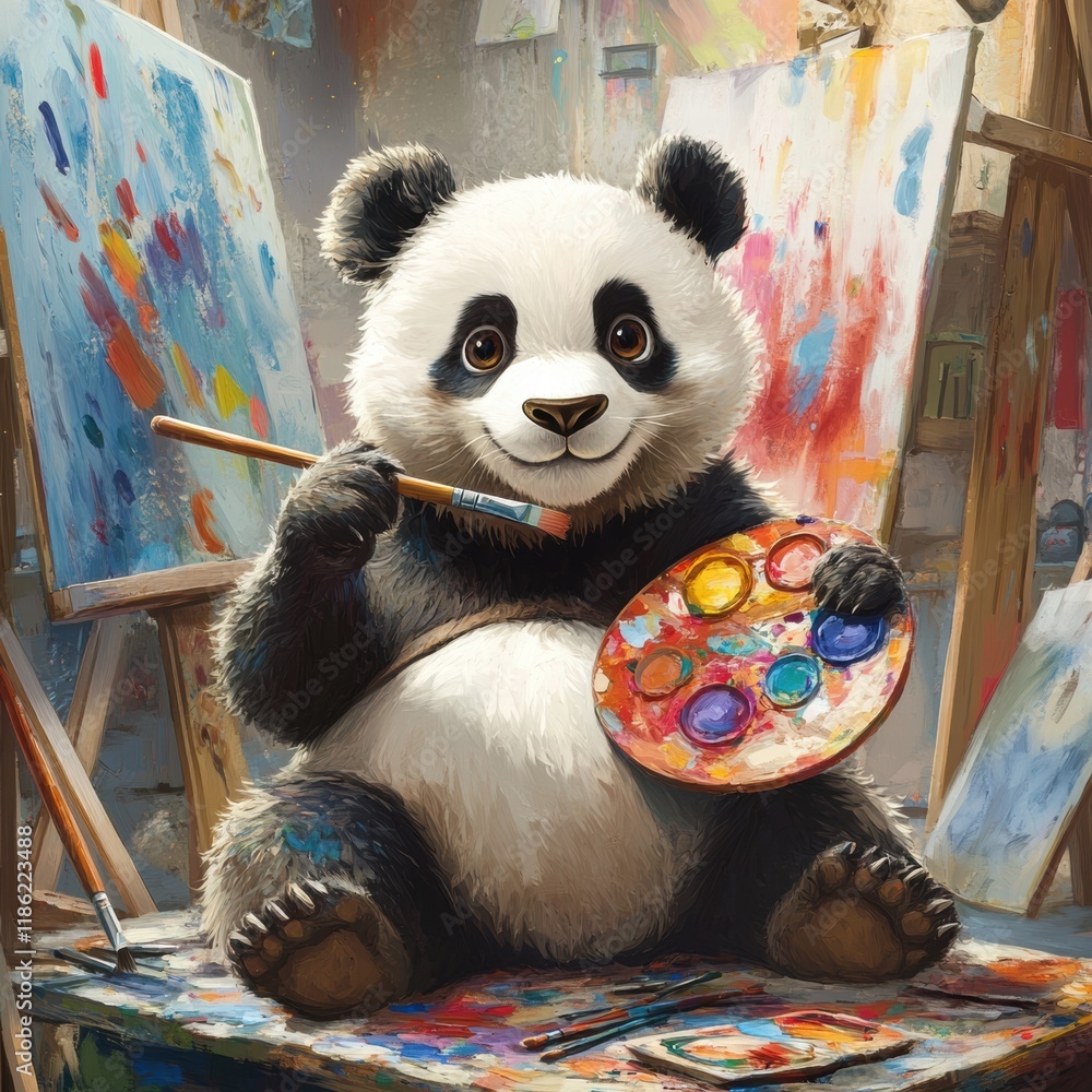 Aufkleber panda artist joyfully holding a paintbrush and palette while surrounded by colorful paintings in a b