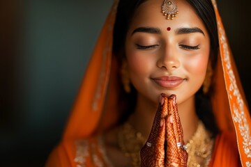 Serene woman in traditional attire with hands folded in prayer and henna design