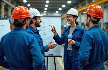 Factory workers discuss project on whiteboard. Diverse team collaborates, shares ideas. Team members wear work uniforms, safety hard hats. Industrial setting with modern workplace. Team presentation