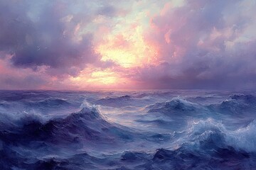 Fototapeta premium Sunset over turbulent, purple-blue ocean waves.