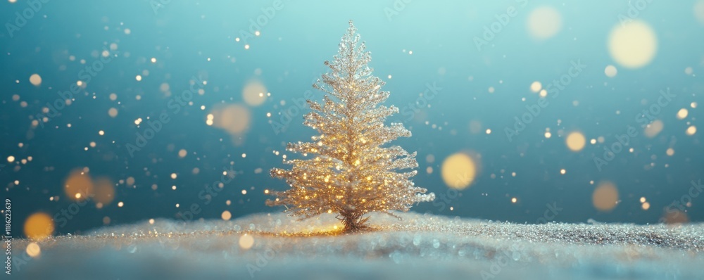 Poster christmas tree with sparkling lights and golden bokeh on a blue background, creating a festive and m
