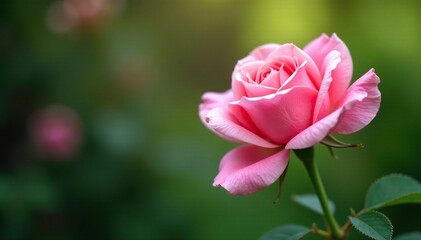 Delicate pink rose petals unfolding on a lush green stem, flowers, spring, greenery