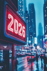 New Year s Eve 2026 Vibrant Neon Sign Illuminates City Street with Artistic Bokeh and reflections.