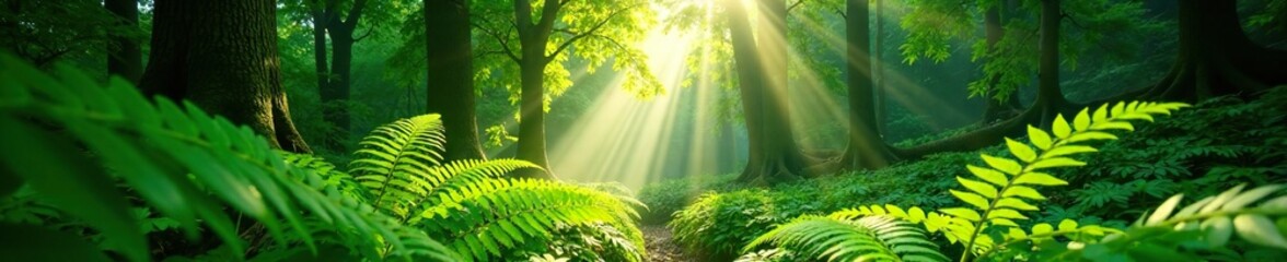 Obraz premium Sunlight filters through dense green fern canopy, green, forest