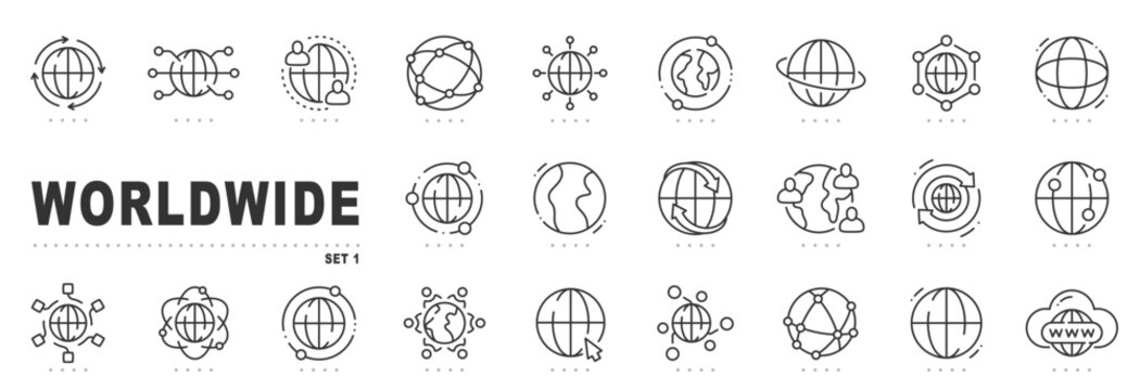 Set of worldwide related line icons. Globe, network, earth etc. Editable stroke.