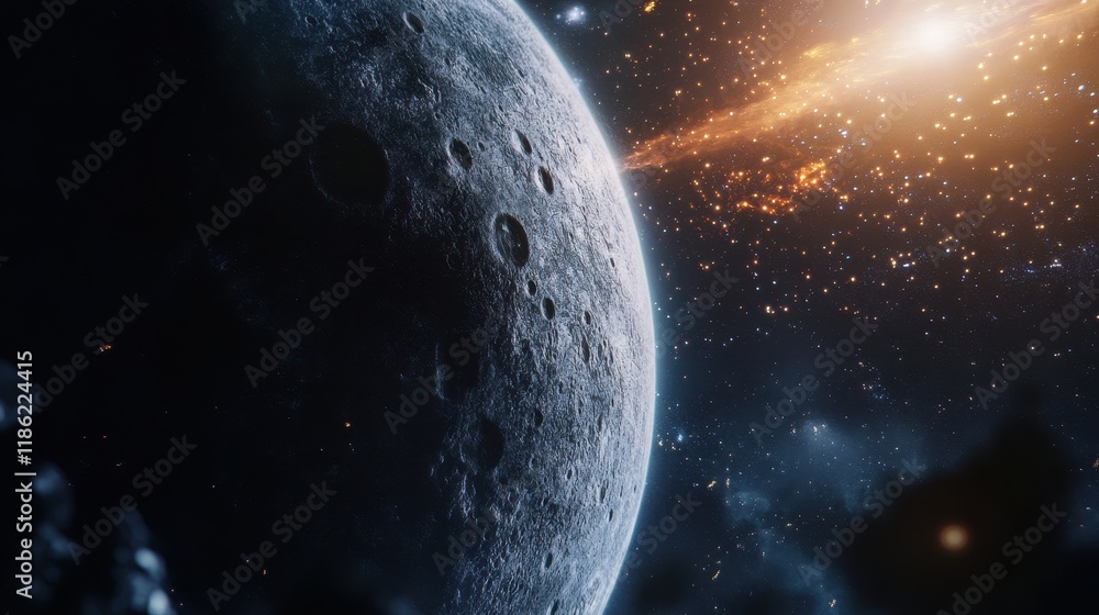 Canvas Prints a cratered planet in a vast starry expanse with an orange star in the distance