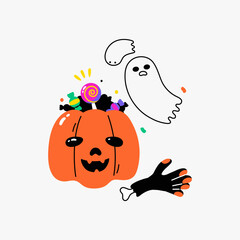 Fototapeta premium Halloween pumpkin with candies and ghost in flat vector illustration symbolizing Halloween spirit, treats, and fun, isolated on white background