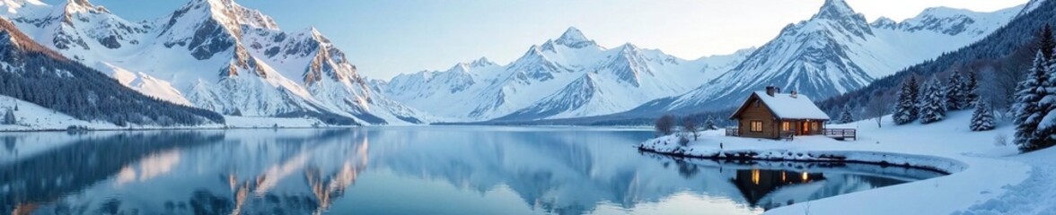 Fototapeta premium Lake with snow-covered mountains and a small cabin, snowy scenery, snowy mountain lake cabin gold ornament, snow-capped mountains