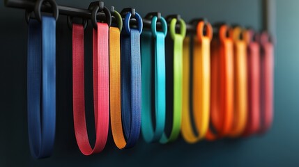  Resistance bands of various strengths hanging neatly on a wall-mounted rack, organized for easy access in a gym setting, promoting strength training, flexibility, and fitness routines.