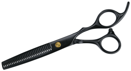 Professional hair scissors or thinning scissors isolated on a transparent background. Completely in focus. Focus stacking. Top view.