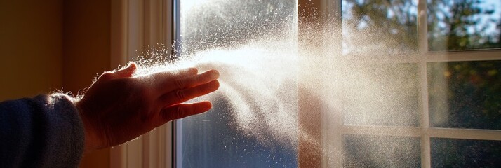 Hand Reaches Towards Sunlight, Revealing Dust Particles Dancing in a Sunbeam through Window