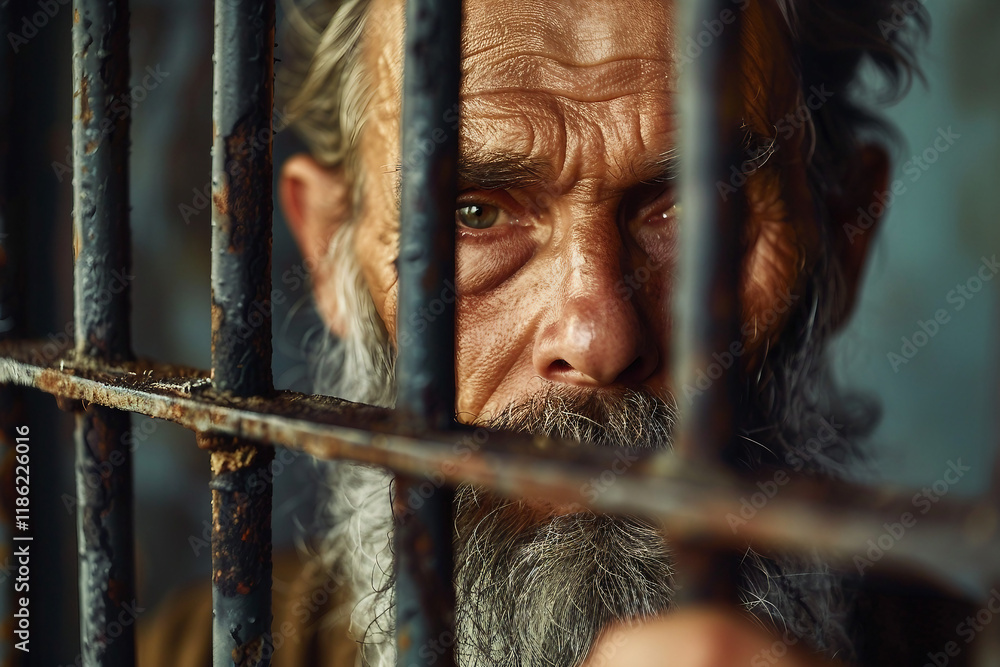 Poster a prisoner behind bars in a prison in jail generative ai