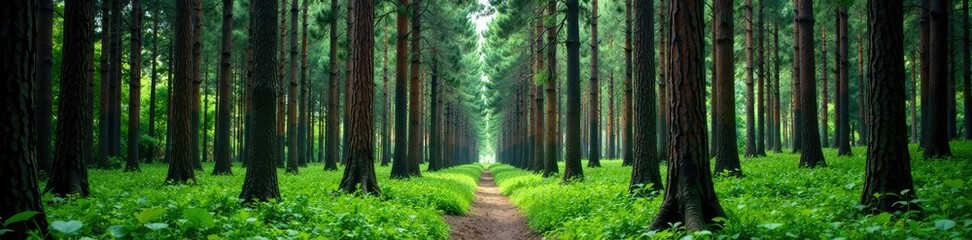 Fototapeta premium Dense pine tree forest with tall trunks and foliage below, yogyakarta, forest floor, trees