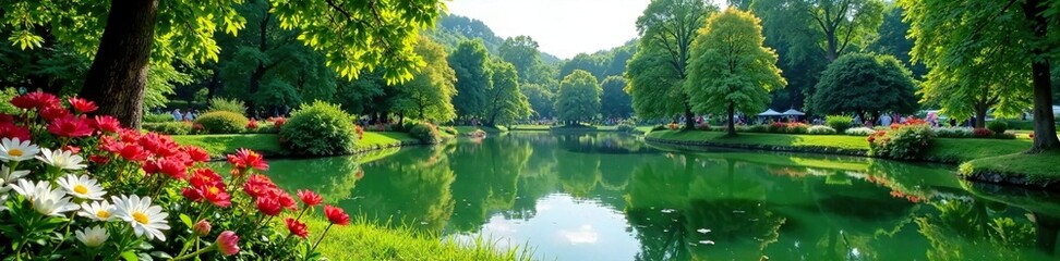 Obraz premium Lush greenery and colorful flowers surrounding a serene lake, garden, serene