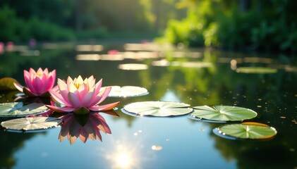 Serene lake with water lilies and sunlit surface, calmness, aquatic plant, lake