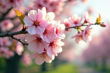 Fototapeta premium Pastel pink cherry blossoms delicately intertwined on the branches, leafy greens, spring flowers, blooming trees