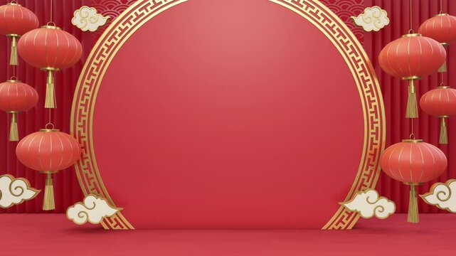 3D rendering of Chinese red lanterns with gold accents and decorative clouds on a red background, featuring space on the center for text. Perfect for festive designs.