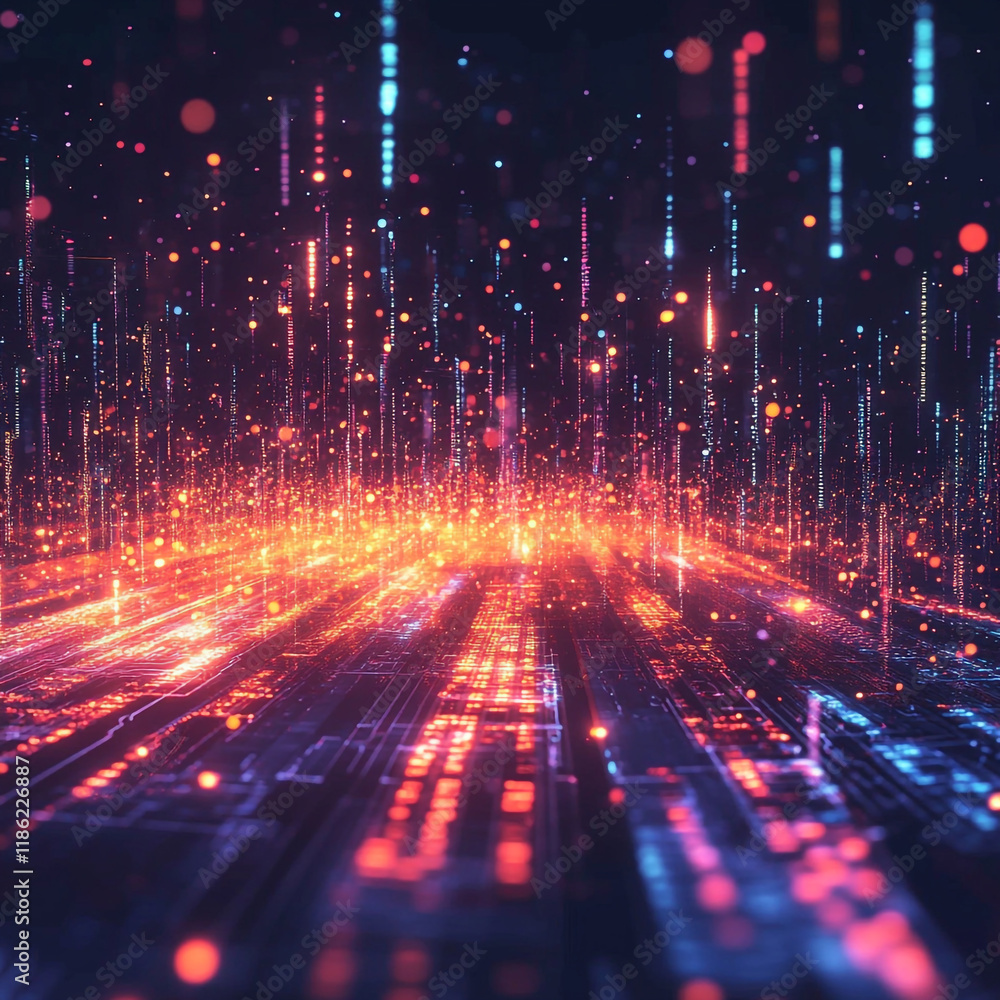 Poster Colorful abstract digital landscape with flowing lights and data structures in a futuristic setting