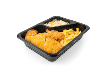 Breaded chicken with french fries take away isolated, schnitzel and cabbage salad