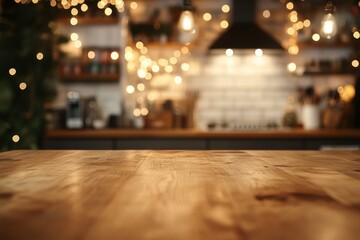 cozy kitchen wooden table Christmas decorations warm lights