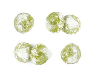 Matcha mochi rice cake, green tea daifuku, Japanese traditional dessert, round wagashi
