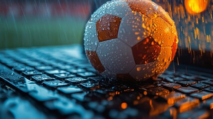 Sports and technology intersect with this image of a soccer ball on a laptop. Ideal for sports tech or gaming themes.