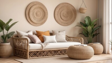 ethno style living room with rattan furniture, daybed, pouf, hanging decoration on the Light Fawn wall