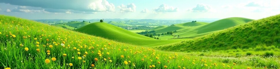 Fototapeta premium Rolling hills covered in lush green grass and wildflowers, fields, nature, fauna