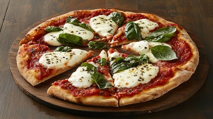 A Margherita pizza with fresh basil leaves, mozzarella, and tomato sauce, partially sliced on a rustic wooden board, captured from a top-down angle.