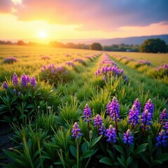 Fototapeta premium Softly glowing purple flowers stretch across a vast green field, scenery, sunset, fields