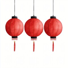 Obraz premium Three Traditional Red Chinese Lanterns Hanging Watercolor Style Festive Asian Decor