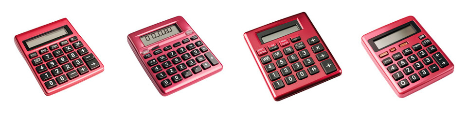 Close up view of multiple red digital financial calculators on a white desk representing the tools and technology used for business accounting budgeting data analysis