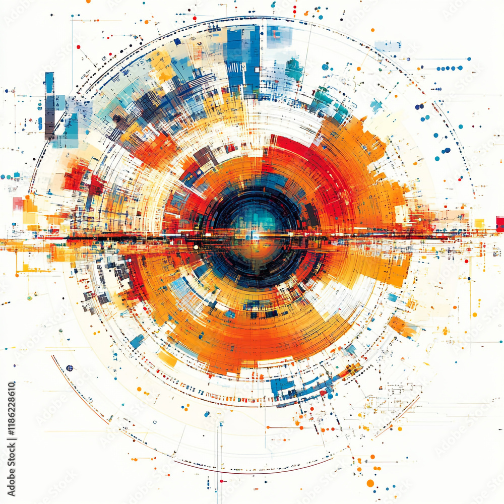 Poster colorful abstract digital art depicting concentric circles and vibrant patterns