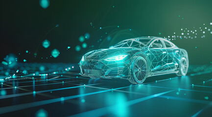 car with an intricate network of digital connections, representing the complexity and scale of artificial intelligence in vehicle technology on dark background